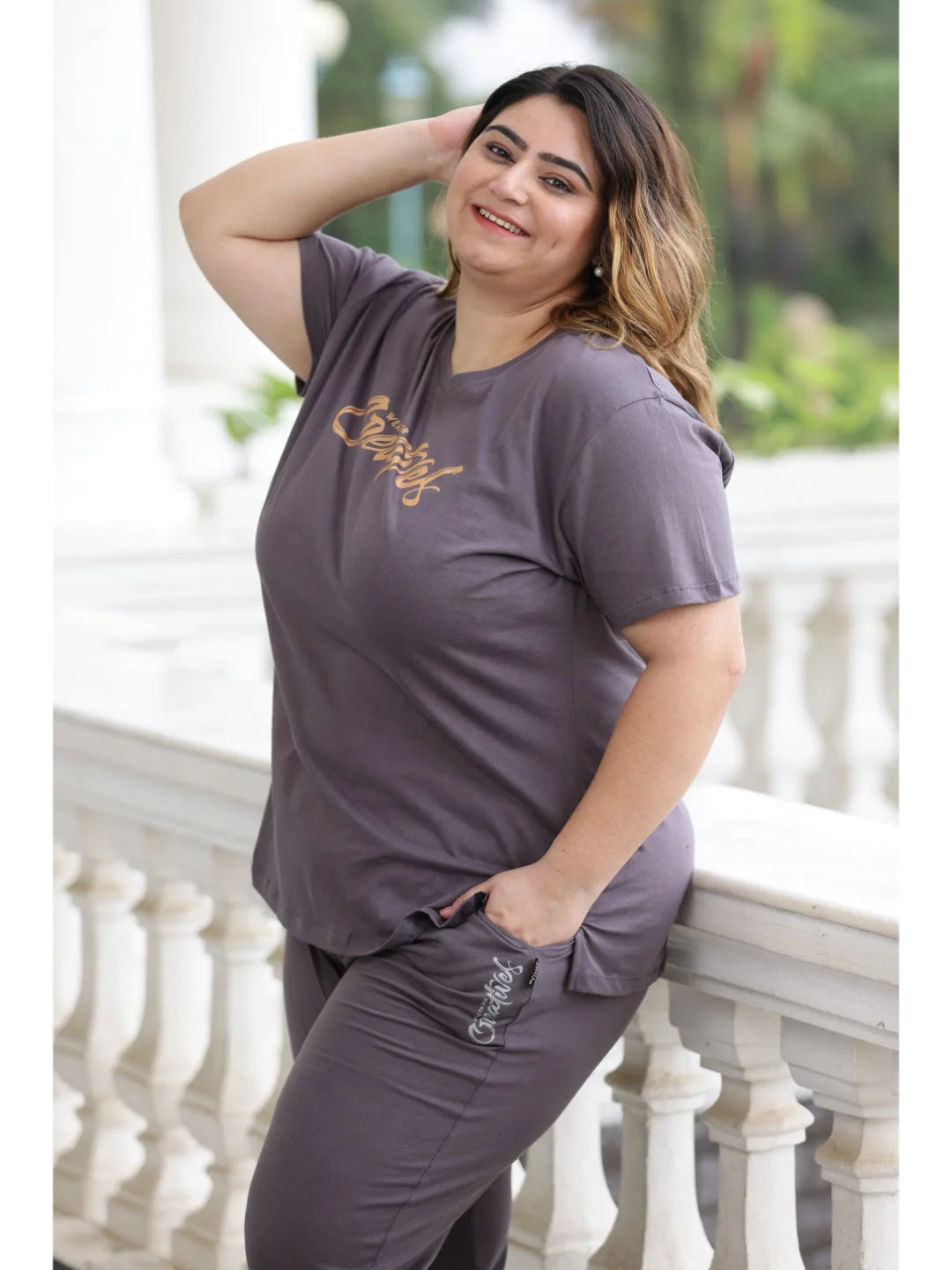 Steel Grey plus size night suit for ladies model pose 