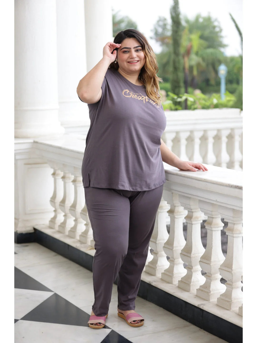 Steel Grey plus size night suit for ladies stylish pose 