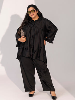 TITTLI Plus Size Women Cotton Silk Butterfly Handwork Co-ord Set(Black)