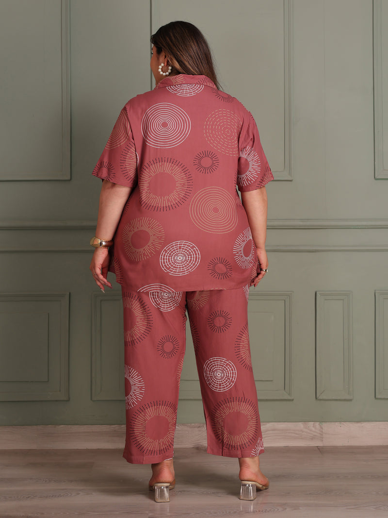 Plus Size Button-Down Shirt & Trouser Night Suit (Light Rust)