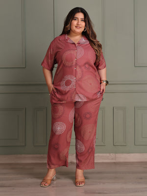 Plus Size Button-Down Shirt & Trouser Night Suit (Light Rust)