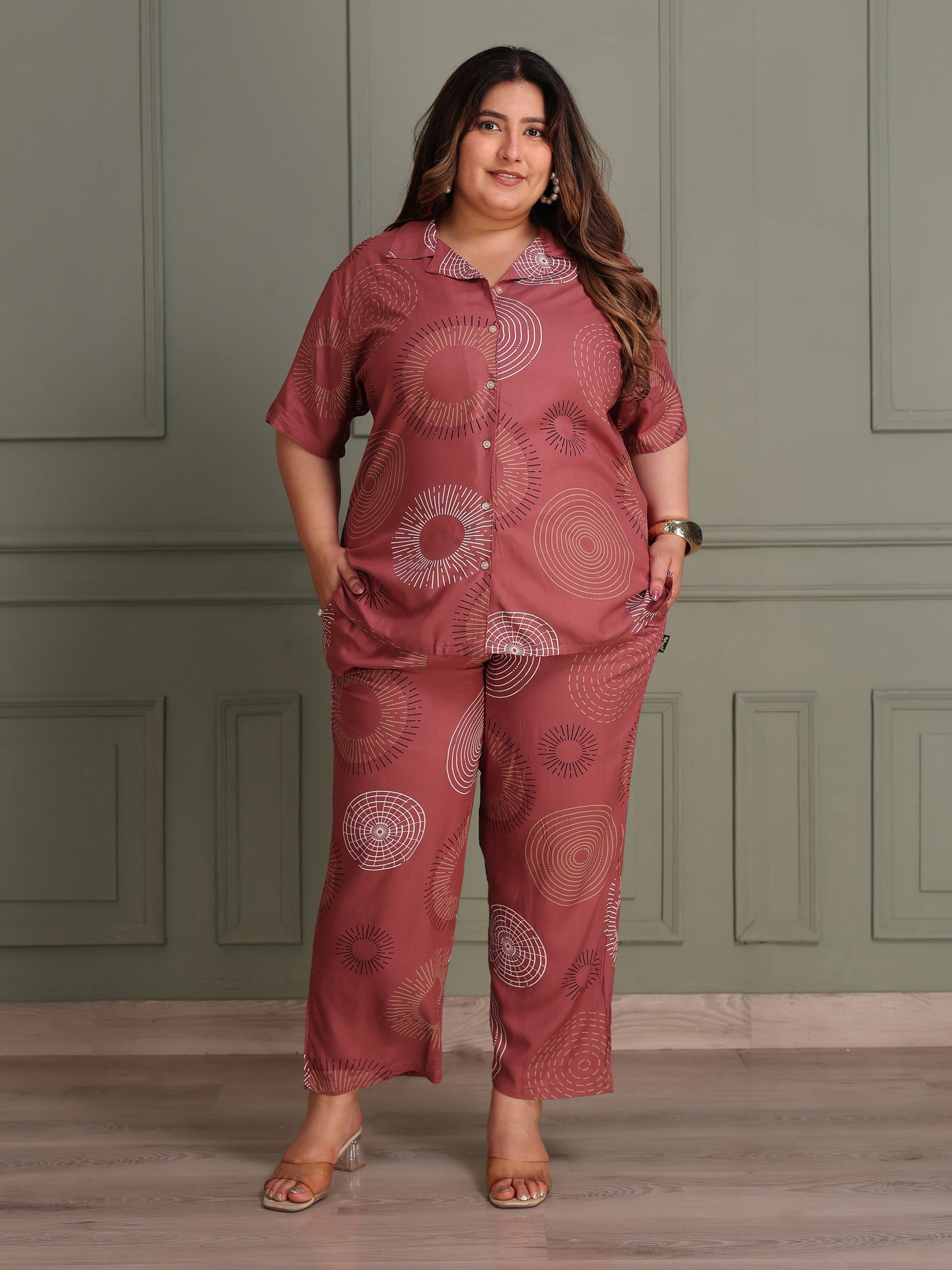 Plus Size Button-Down Shirt & Trouser Night Suit (Light Rust)