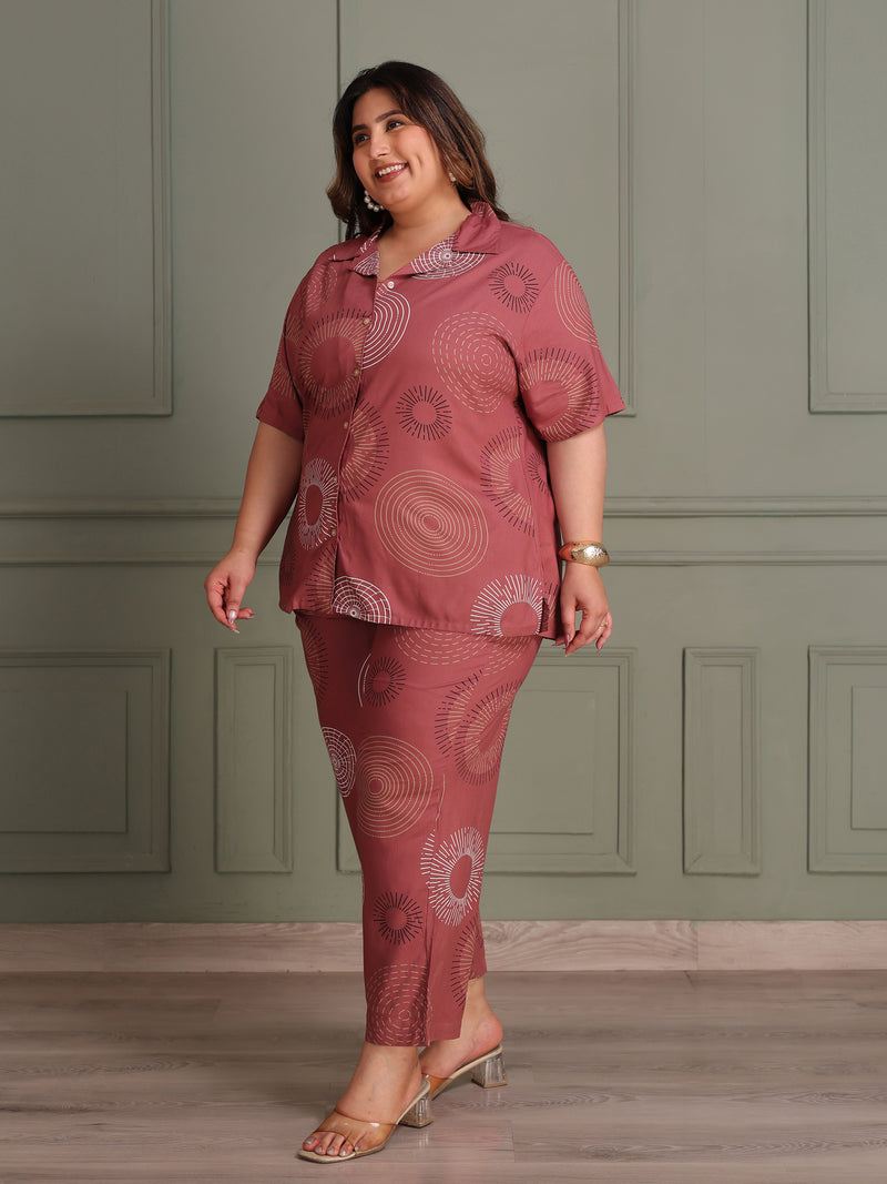 Plus Size Button-Down Shirt & Trouser Night Suit (Light Rust)