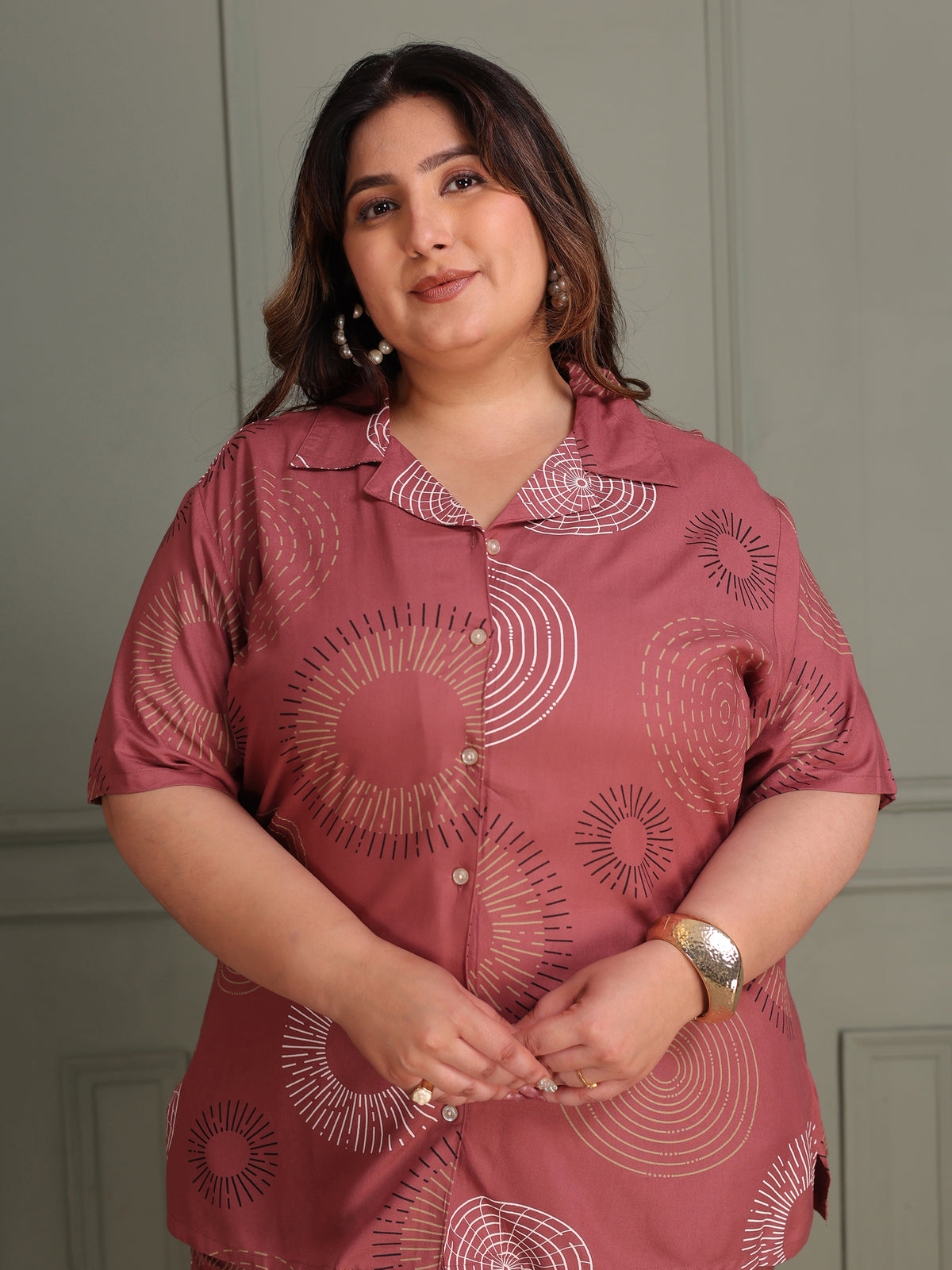 Plus Size Button-Down Shirt & Trouser Night Suit (Light Rust)