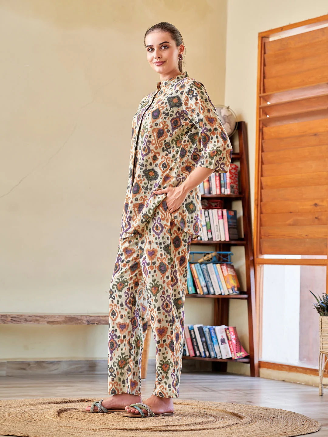 Violet & Orange Printed cotton Co Ord Sets side view 