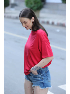 Oversized Cotton T-Shirt For Women (Viva Red)