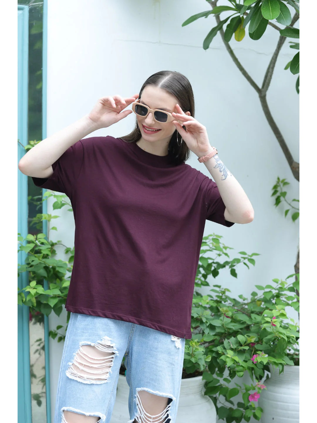 Wine Oversized relaxed t shirt for women online Tittli