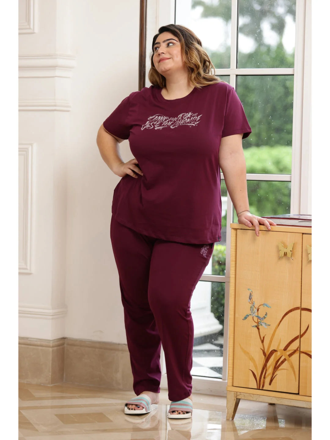 Wine plus size night suit for ladies online Tittli India
