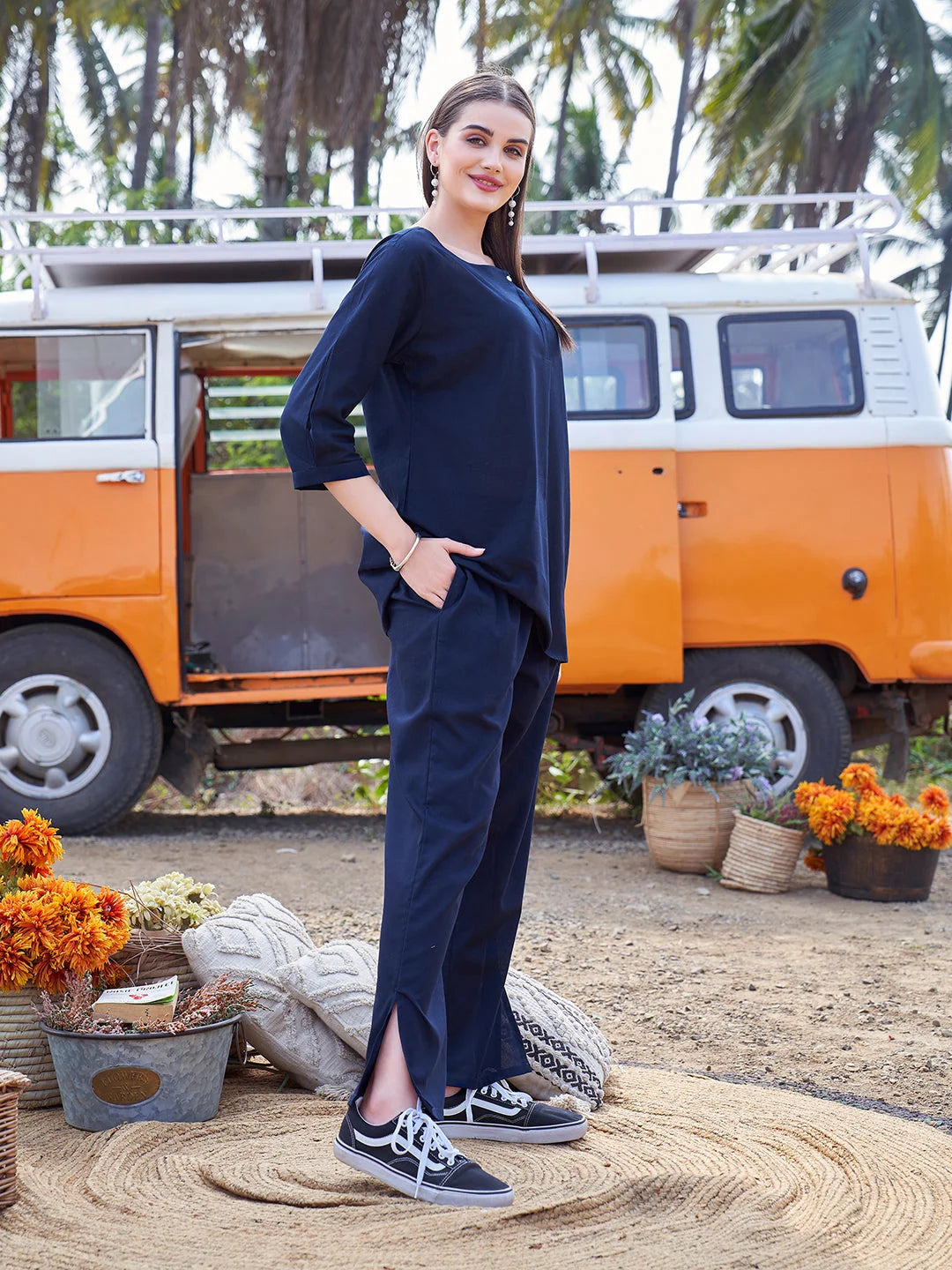 casual co ord set for women in Navy Blue playful pose 