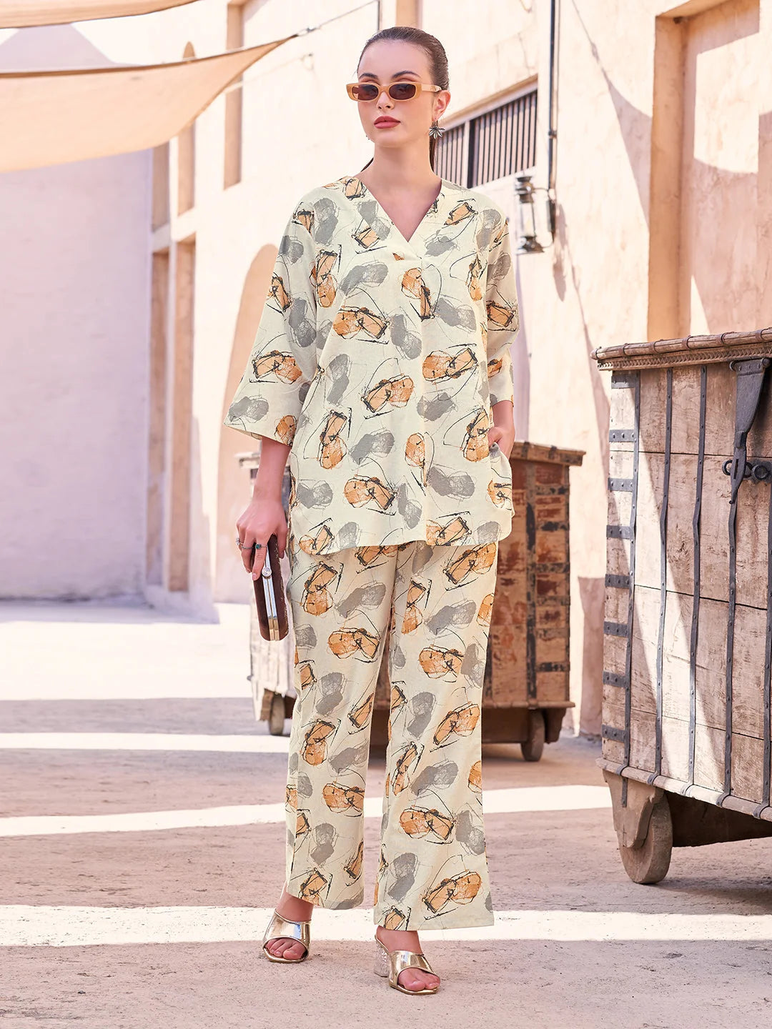 cotton co ord set in Mustard complete look 