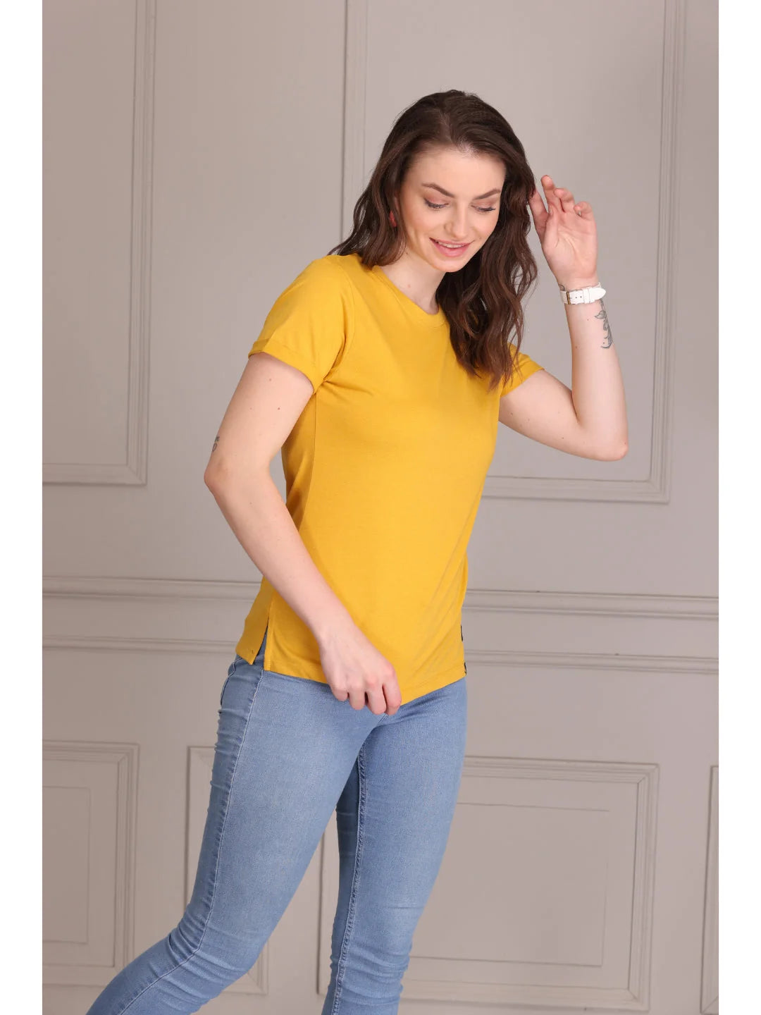Mustard plain t shirts for women 