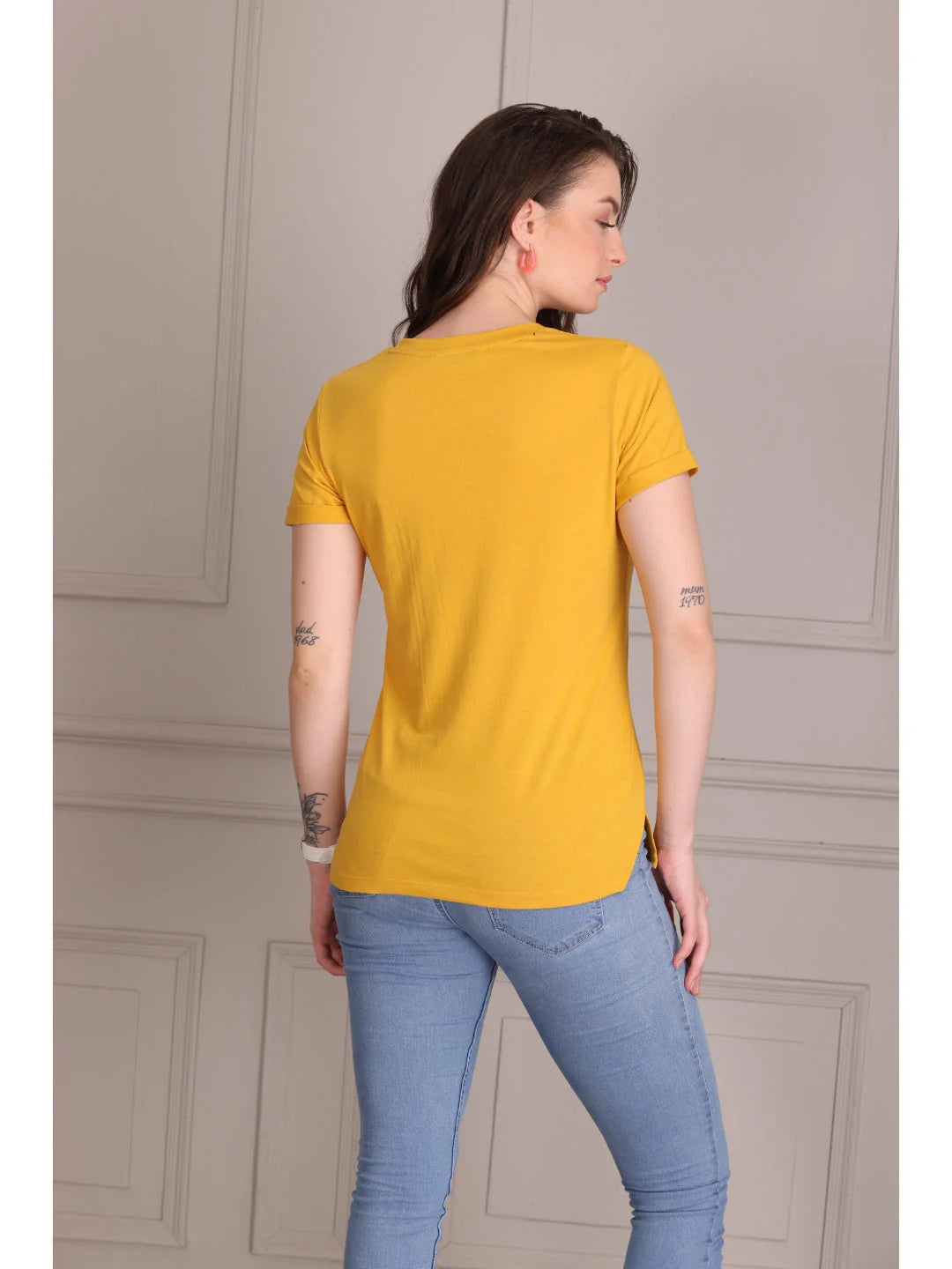 Mustard plain t shirts for women back view 