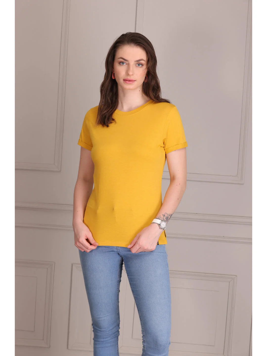 Mustard plain t shirts for women online Tittli 