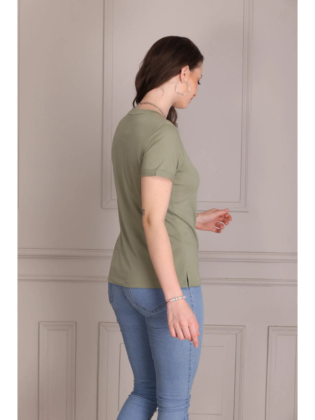 Olive plain t shirts for women back view 