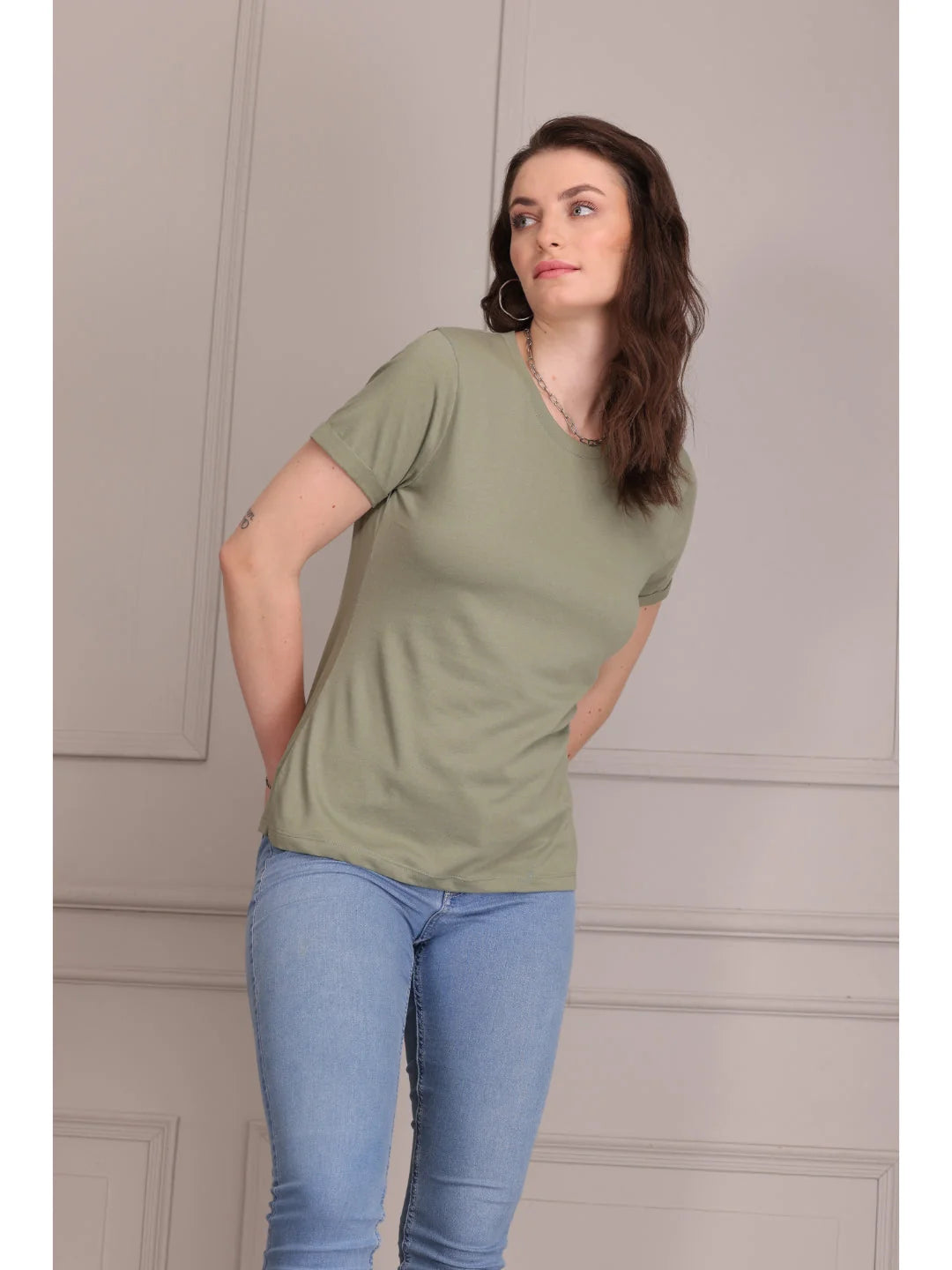 Olive plain t shirts for women playful pose 