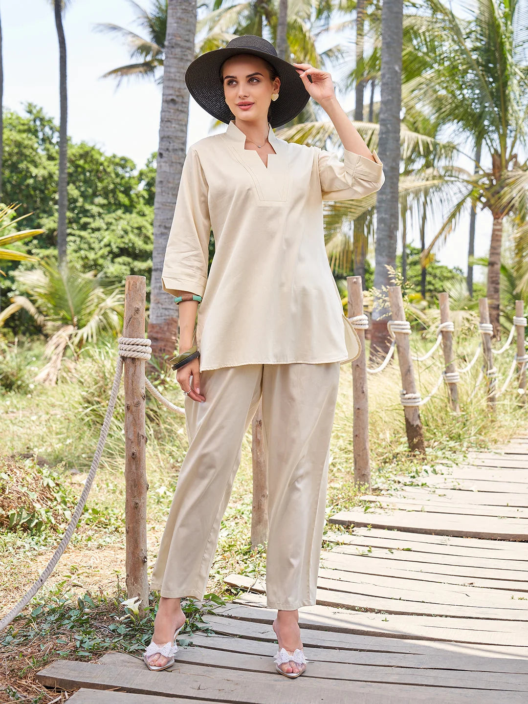 plain cotton co ord set in Cream Tittli 