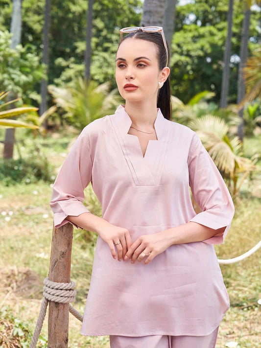 plain cotton co ord set in Pink