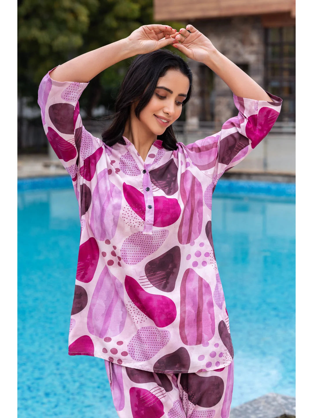 printed co ord set for women in Pink Online closer look 