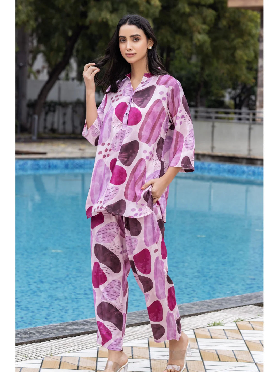 printed co ord set for women in Pink complete look Tittli 